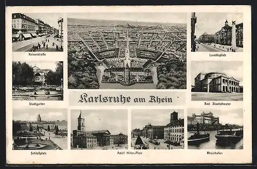 AK Karlsruhe am Rhein, Gesamtansicht, Kaiserstrasse, Stadtgarten, Schlossplatz, Bad. Staatstheater