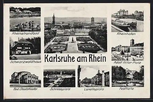 AK Karlsruhe am Rhein, Rheinhafen, Platz, Festhalle, Lorettoplatz, Schwarzwaldhaus