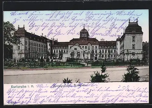 AK Karlsruhe i.B., Rückseite des Hauptpostamtes