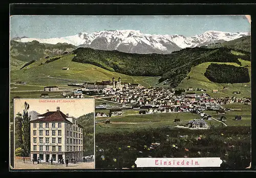 AK Einsiedeln, Gasthaus St. Johann, Ortspanorama mit Gebirge