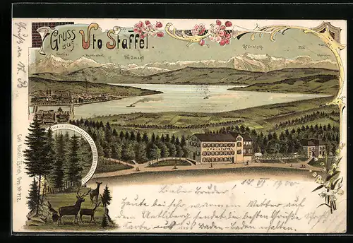 Lithographie Zürich, Restaurant Uto Staffel mit Säntis, Kurfirsten, Piz Linard, Glärnisch, Tödi, Clariden