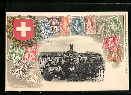 AK Fribourg, Teilansicht, Briefmarken