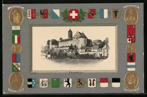 Passepartout-Lithographie Porrentruy, Ortsansicht mit Wappen, verschiedene Wappen, Telldenkmal u. Winkelrieddenkmal