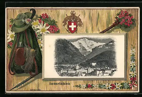 Passepartout-Lithographie Interlaken, Ortsansicht mit Gebirge, Jägerausrüstung hängt an einer Wand