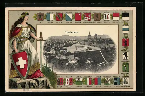AK Einsiedeln, Gesamtansicht, Wappen und Helvetia