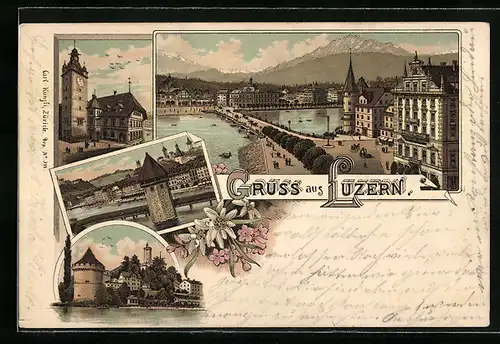 Lithographie Luzern, Panorama mit Brücke, Türme
