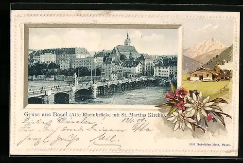 Passepartout-Lithographie Basel, alte Rheinbrücke mit St. Martins Kirche