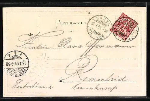 Passepartout-Lithographie Basel, alte Rheinbrücke mit St. Martins Kirche