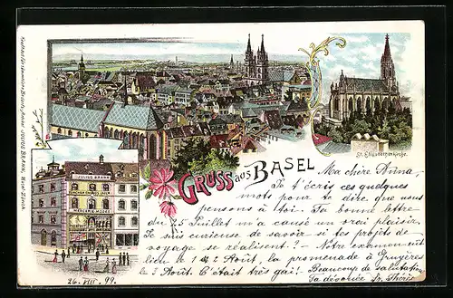 Lithographie Basel, Mercerie Modes Julius Brann, St. Elisabethkirche