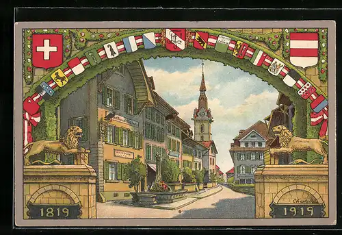 Künstler-AK Zofingen, Strasse mit Kirche, Fahnengeschmücktes Tor mit Löwen, Centenaire de la Société de Zofingue 1919