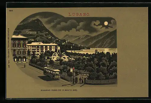 Lithographie Lugano, Strassenbahn am Jardin Public & Mont Brè