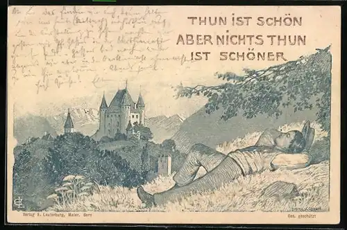 Künstler-AK Thun, Hirte liegt im Gras und schläft, Schloss im Hintergrund