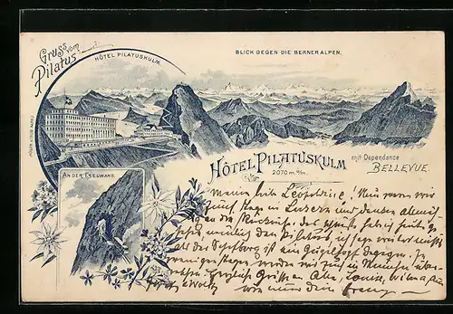 Lithographie Pilatus, Hotel Pilatuskulm, Berneralpen, Bergbahn an der Eselwand