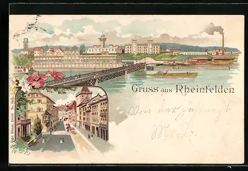 Lithographie Rheinfelden, Strassenansicht, Teilansicht mit Brücke und Rhein-Kanal