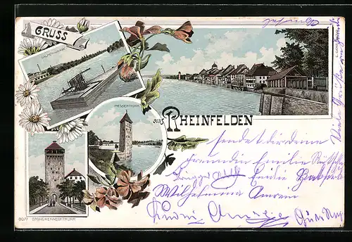 Lithographie Rheinfelden, Salmenwaage, Messerthurm, Storchennestthurm, Uferansicht