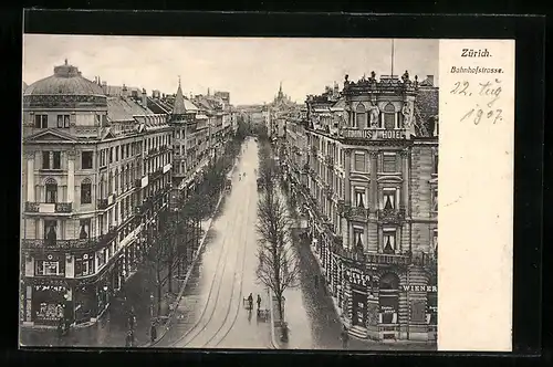 AK Zürich, Bahnhofstrasse mit Terminus-Hotel