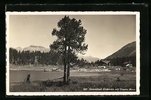 AK Pontresina, Strandbad Stazersee mit Crasta Mora