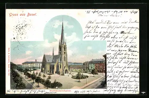 AK Basel, Matthäuskirchplatz mit Kirche
