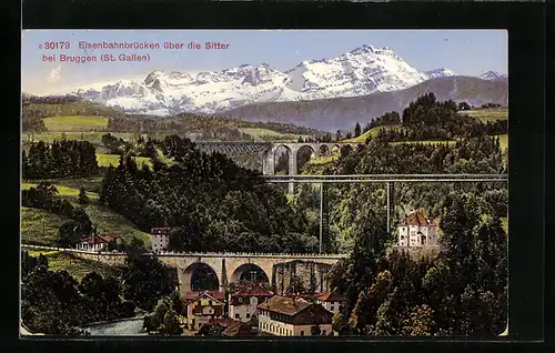 AK St. Gallen, Eisenbahnbrücke über die Sitter bei Brüggen