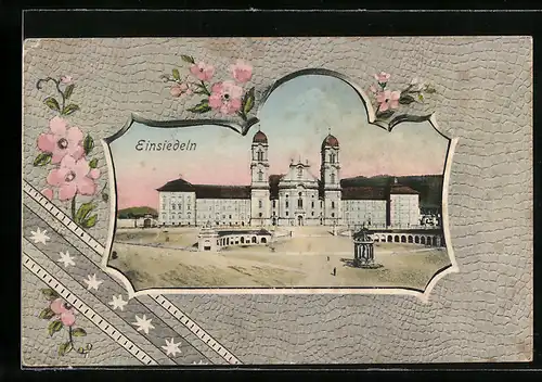 Passepartout-AK Einsiedeln, Kirche mit Vorplatz