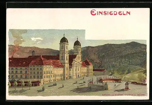 Künstler-AK Einsiedeln, Klosteransicht mit Aufgang