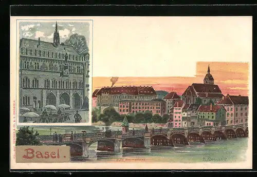 AK Basel, Rathaus und Alte Rheinbrücke