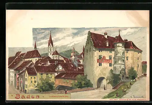 Künstler-AK Baden, Landvogteischloss mit Umgebung