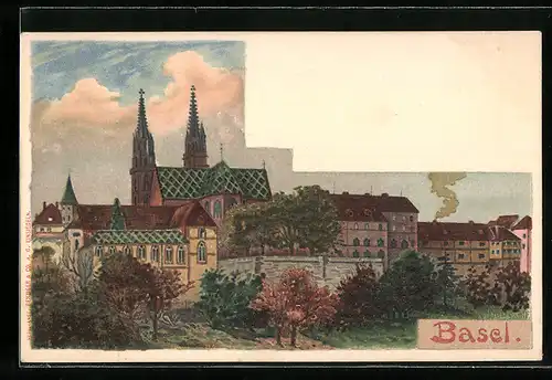 Künstler-AK Basel, Ortspartie mit Kirche