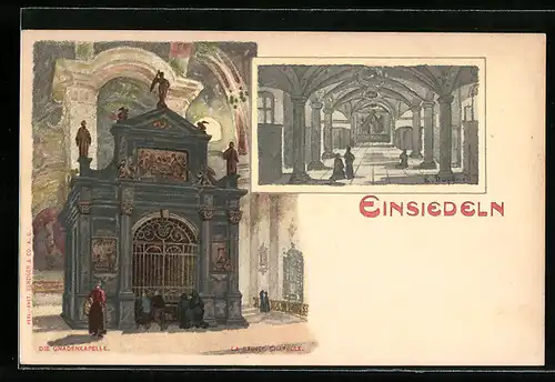 Lithographie Einsiedeln, Gnadenkapelle, Innenansichten