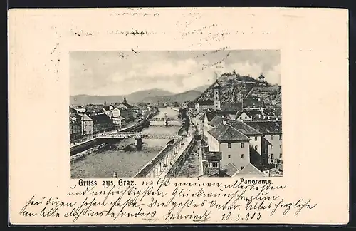 AK Graz, Panorama, Flusspartie mit Brücken