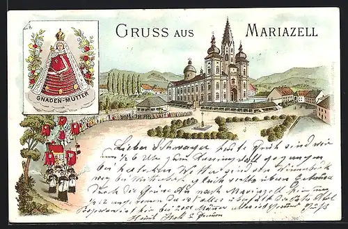 Lithographie Mariazell, Wallfahrtskirche und Gnaden-Mutter