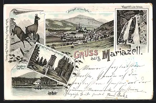 Lithographie Mariazell, Hotel Herrenhaus a. Erlaf-See, Ortsansicht m. d. Ötscher, Wasserfall in der Grünau