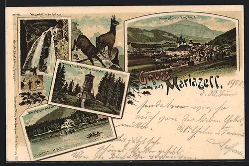 Lithographie Mariazell, Ortsansicht mit Kirche und Ötscher, Herrenhaus am Erlafsee, Wasserfall in der Grünau