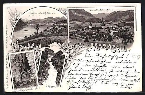 Lithographie Mariazell, Ortsansicht vom Calvarienberg, Erlaf-See und Lassingfall