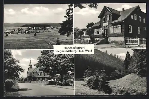 AK Siegmundsburg / Thür. Wald, Ortsansicht, Strassenpartie mit Kirche, Blick ins Tal