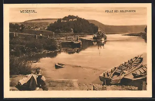 AK Polle / Weser, Dampfer erreicht die Anlegestelle