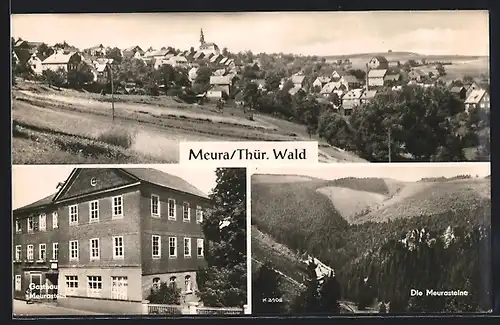 AK Meura / Thür., Gasthaus Meurastein, Gebirgspanorama, Gesamtansicht des Ortes