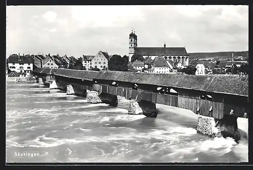 AK Säckingen, Flusspartie mit Brücke