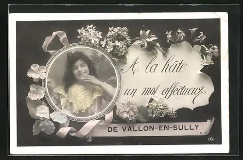 AK Vallon-en-Suilly, Grusskarte, Blumen und Faruenbildnis