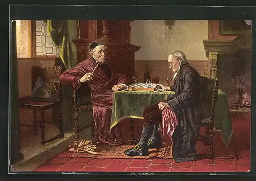 Künstler-AK South Kensigton, Checkmate, Zwei ältere Herren spielen Schach