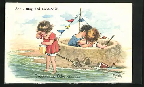 Künstler-AK Arthur Thiele: Junge und Mädchen in einer Sandburg am Strand, daneben weinendes Mädchen