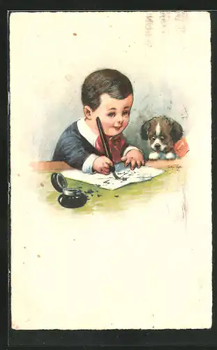 Künstler-AK Arthur Thiele: Kleiner Junge mit Hund beim Schreiben