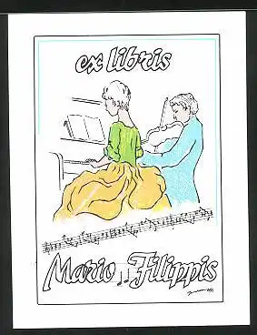Exlibris Mario Filippis, Frau spielt Klavier, Mann spielt Geige