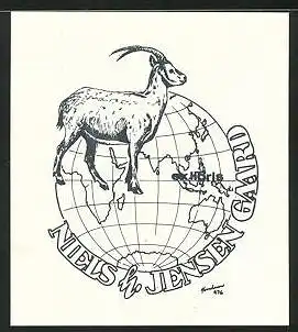 Exlibris Niels h. Jensen Gaard, Ziege auf Globus