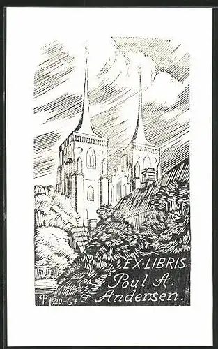 Exlibris Poul A. Andersen, Kirche mit Hausdach