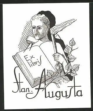 Exlibris Stan. Augusta, Mann mit Buch und Fackel