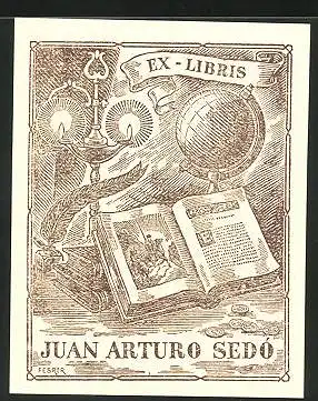 Exlibris Juan Arturo Sedó, Buch, Globus und Kerzenständer