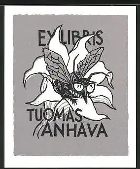 Exlibris Tuomas Anhava, Fliege mit Brille auf einer Blüte