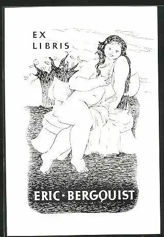 Exlibris Eric Bergquist, Nackte Frau auf dem Bett mit Schriftrolle