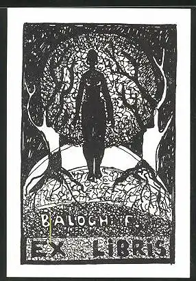 Exlibris Balogh F., Silhouette, Frau zwischen Bäumen